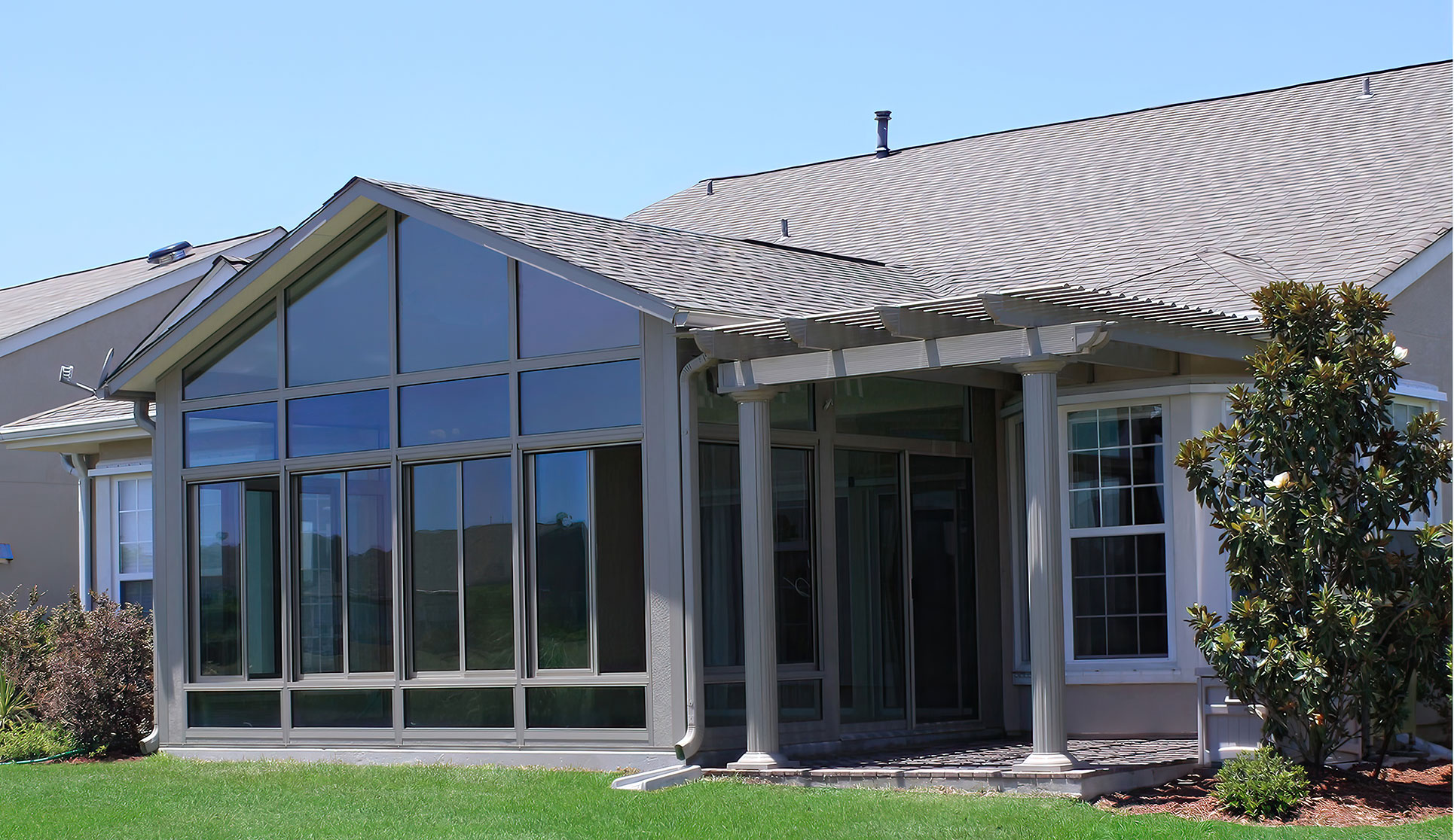 Sunroom, Cathedral Roof, Vista View  Walls, Upper Transoms, Lower Transoms, Pergola, Attached, Venetian Columns, Sandstone, Outside View, Daytime, Signature Wall System