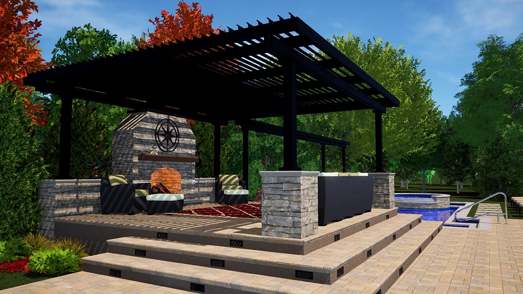 Pergola, Free Standing, Florentine Columns, Black, Outside View, Daytime