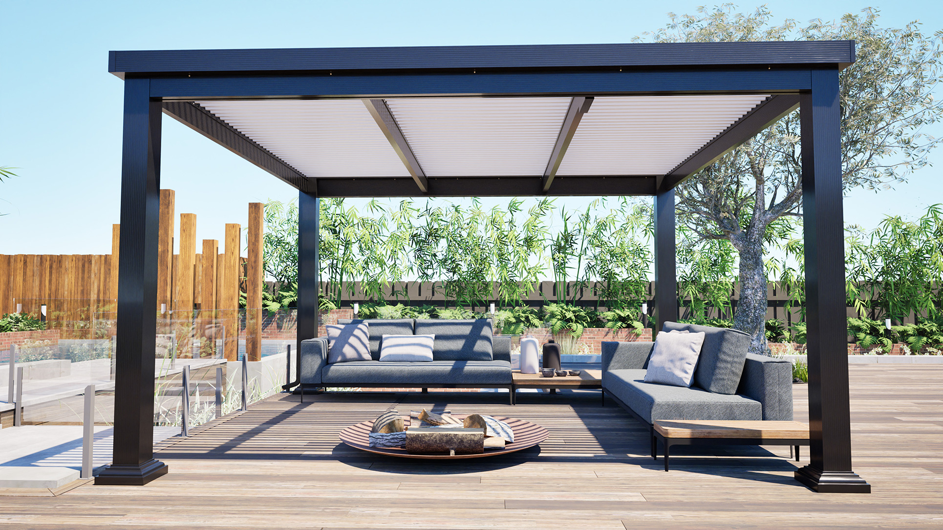 Pergola, Free Standing, Florentine Columns, Black, White, Outside View, Daytime